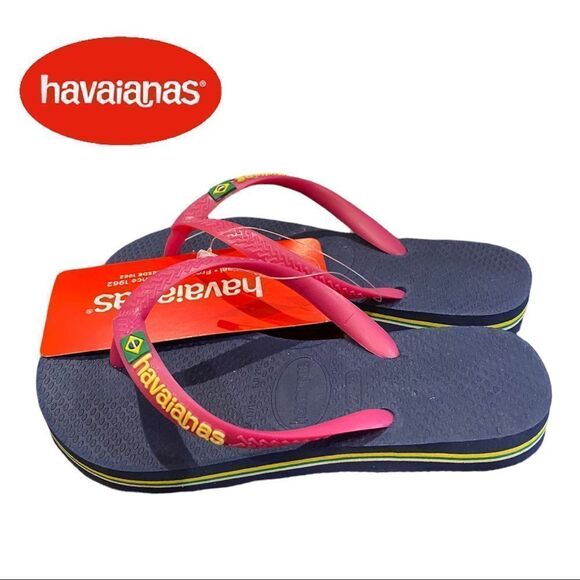 NEW Havaianas Slim Navy Blue Pink Flip Flop Sandals 11 12 11C 12C - Picture 1 of 4